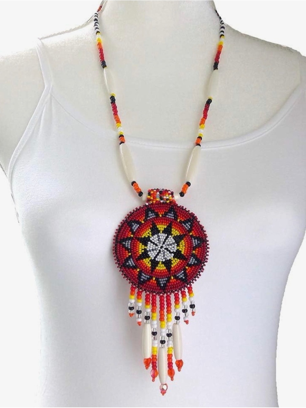 Handmade Red Beaded Medallion Necklace